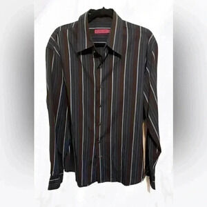 Fiorucci brown navy striped long sleeve button down dress shirt XL